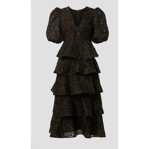 Marie Oliver Everly Embroidered Ruffle Organza Midi in Plume Dress Size 2